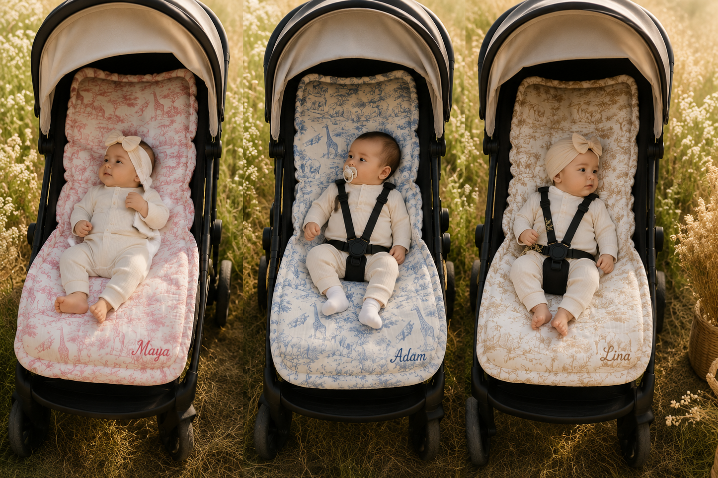 Assise de poussette personnalisée 100%coton pour bébé